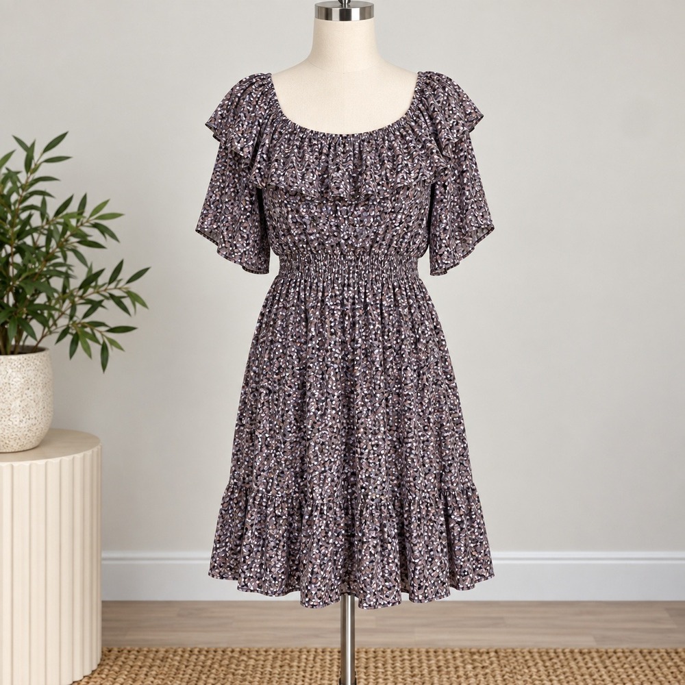 Nine Britton Purple Ditsy Floral Tiered Ruffle Dress Short Sleeve Cottagecore L